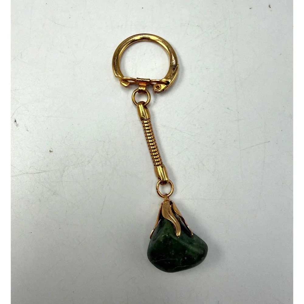 Vintage Gold Tone Green Stone Keychain Snake Chain Jade Style Bag Charm 4 Inch